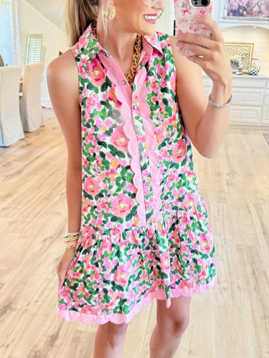 Pink and Green Floral Ric Rac Trim Mini Dress