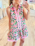 Pink and Green Floral Ric Rac Trim Mini Dress