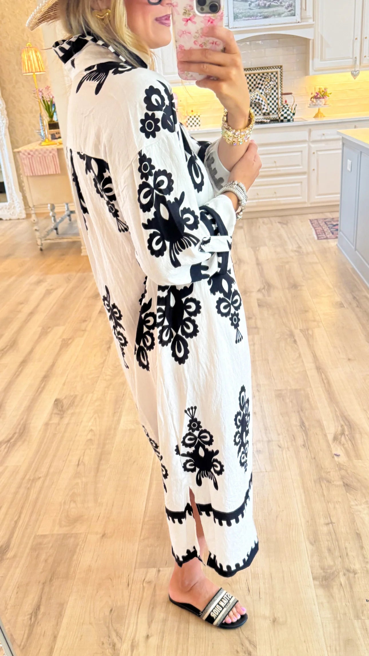 Black and Cream Abstract Print Midi Dress