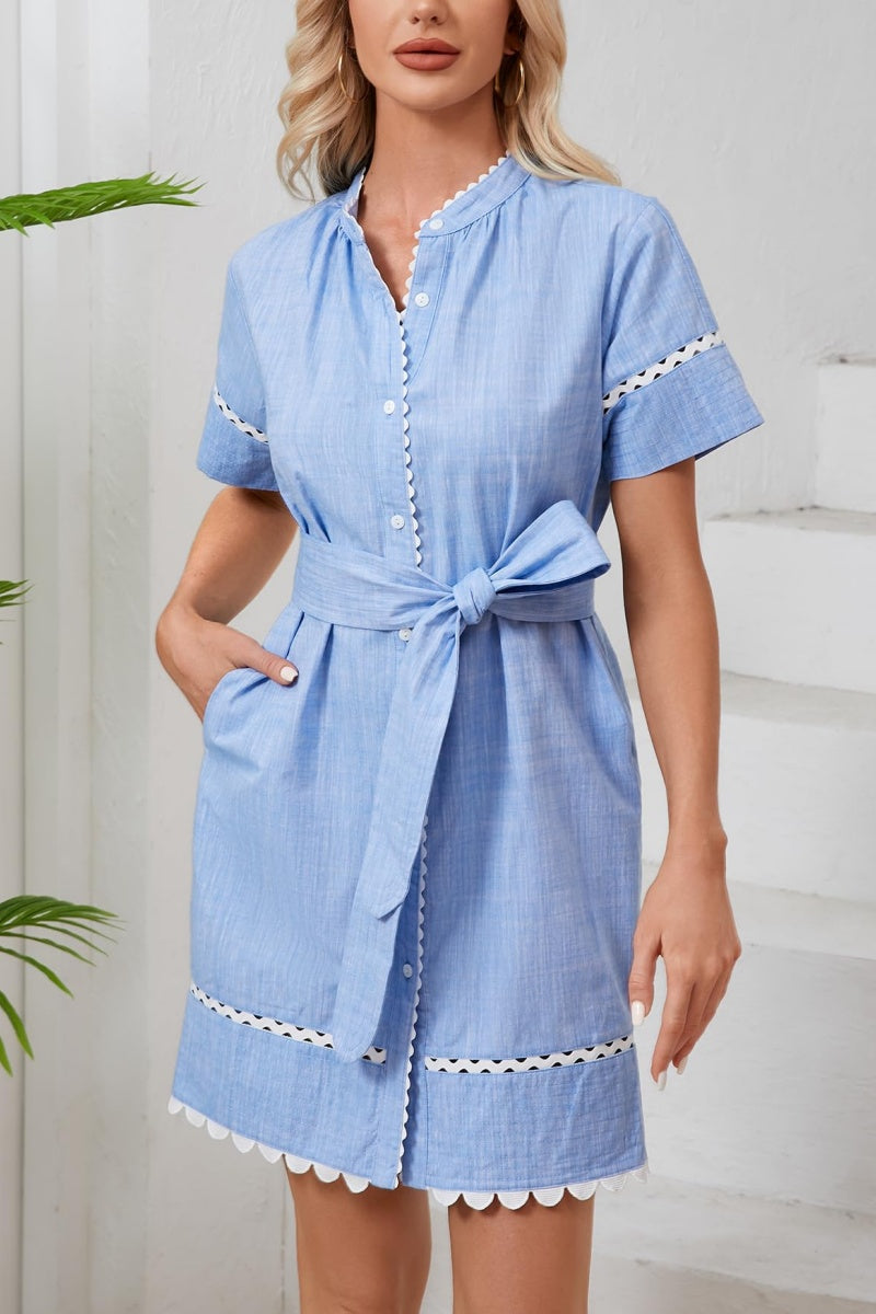 Short Sleeve Tie Casual Cotton and Linen Mini Dress