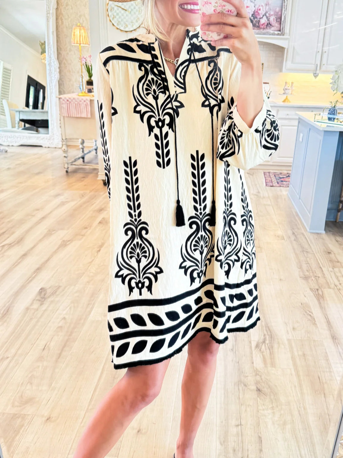 Ivory Printed 3/4 Sleeve Dress