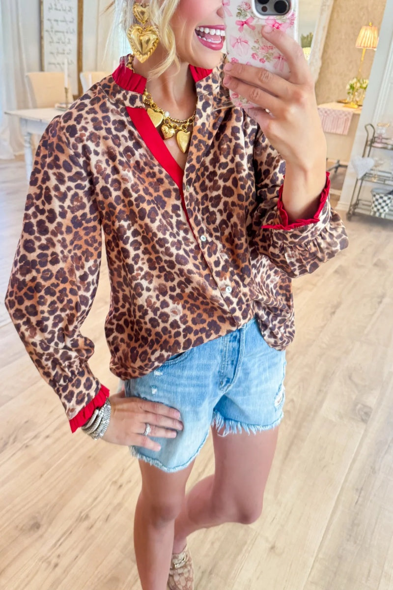 Leopard and Red Contrast Button Up Top