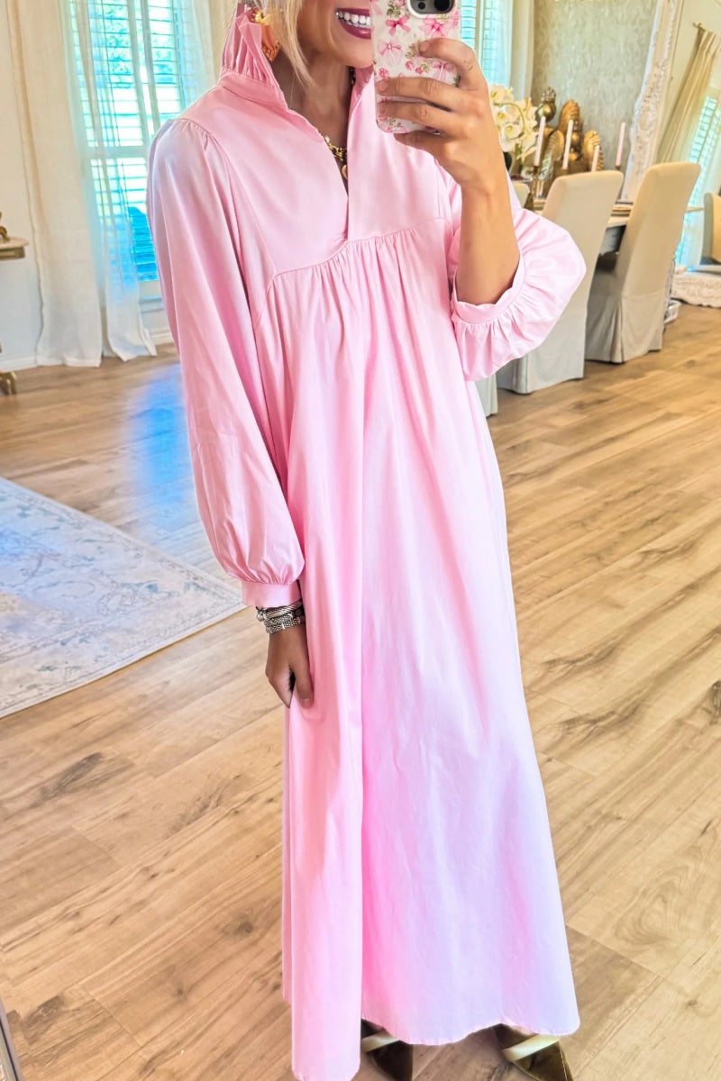 Pink High Ruffle Neck Midi Dress