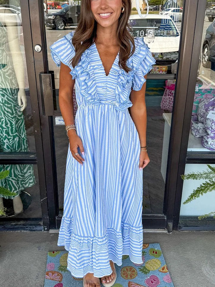 Pink Striped Ruffle Maxi Dress
