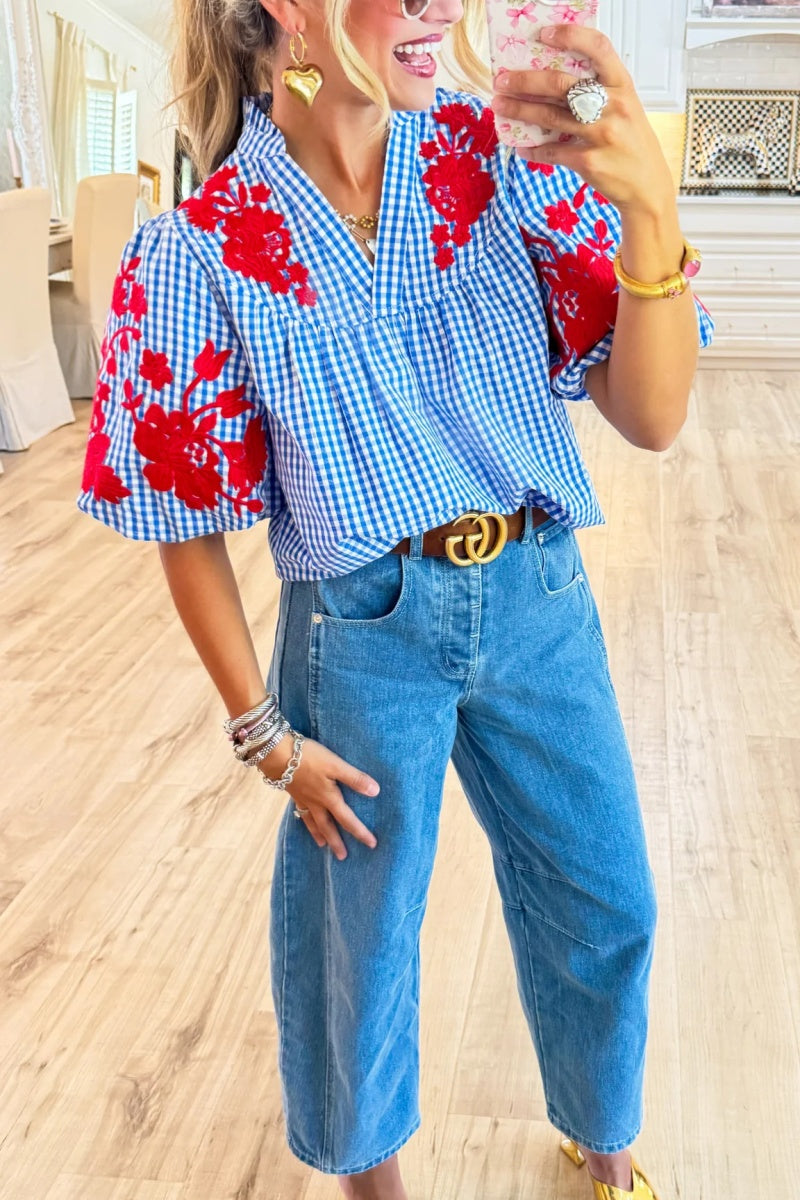 Blue Gingham Red Embroidered Puff Sleeve Top