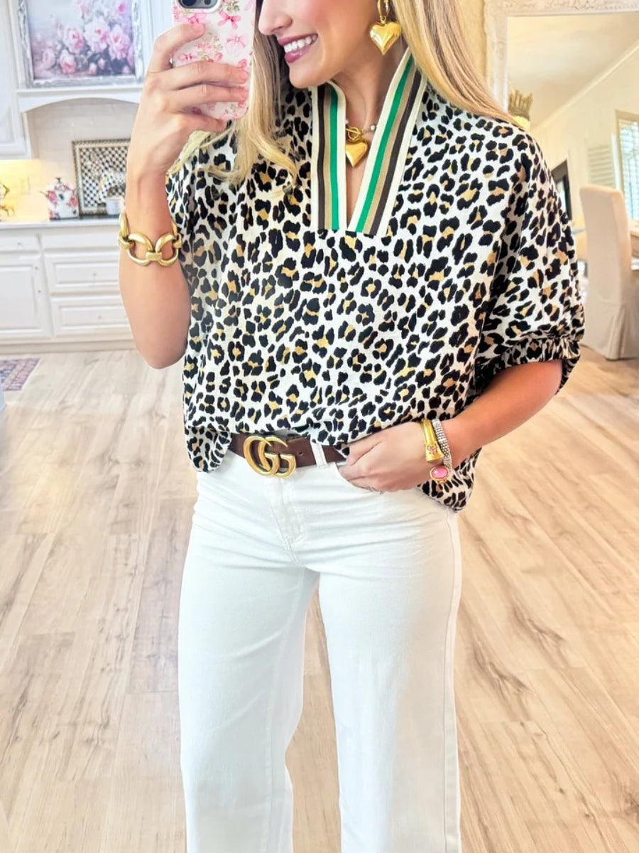Camel Leopard Collard Blouse
