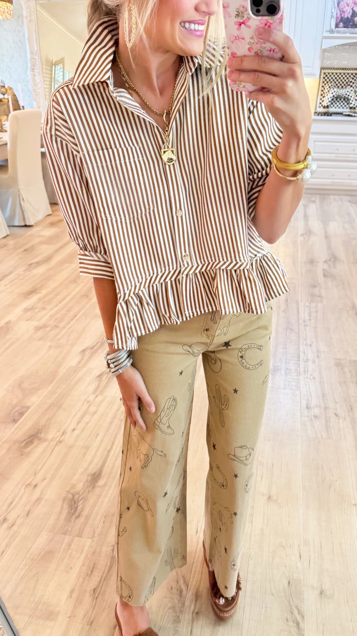 Brown Stripe Ruffle Hem Top