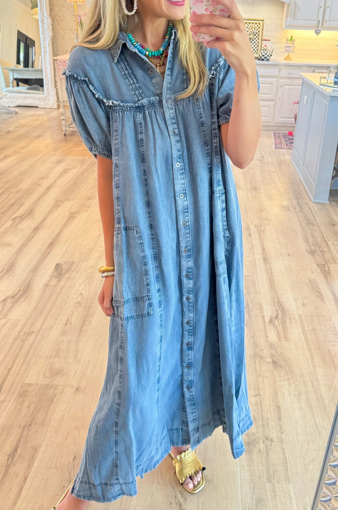 Light Denim Puff Sleeve Button Down Maxi Dress