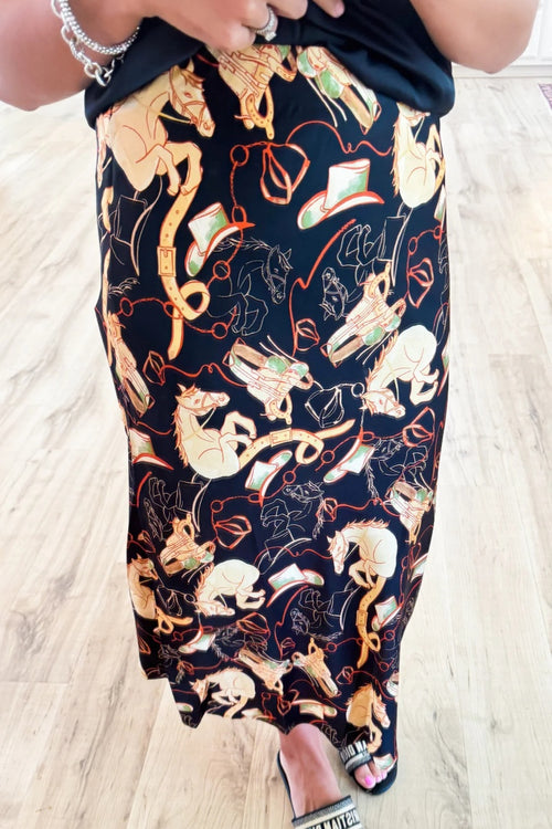 Black Horse Print Midi Slip Skirt