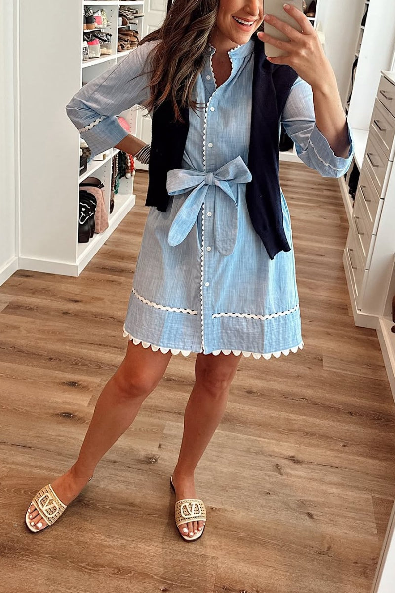 3/4 Sleeve Tie Casual Cotton and Linen Mini Dress