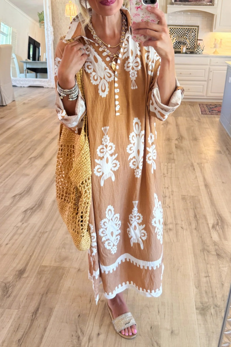 Mocha Abstract Print Midi Dress