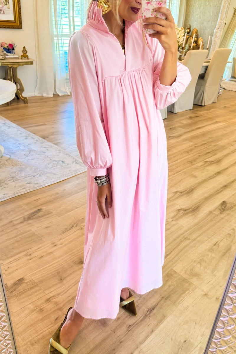 Pink High Ruffle Neck Midi Dress