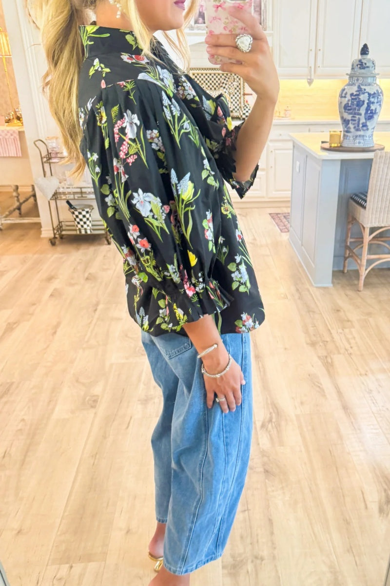Black Botanical Print Blouse