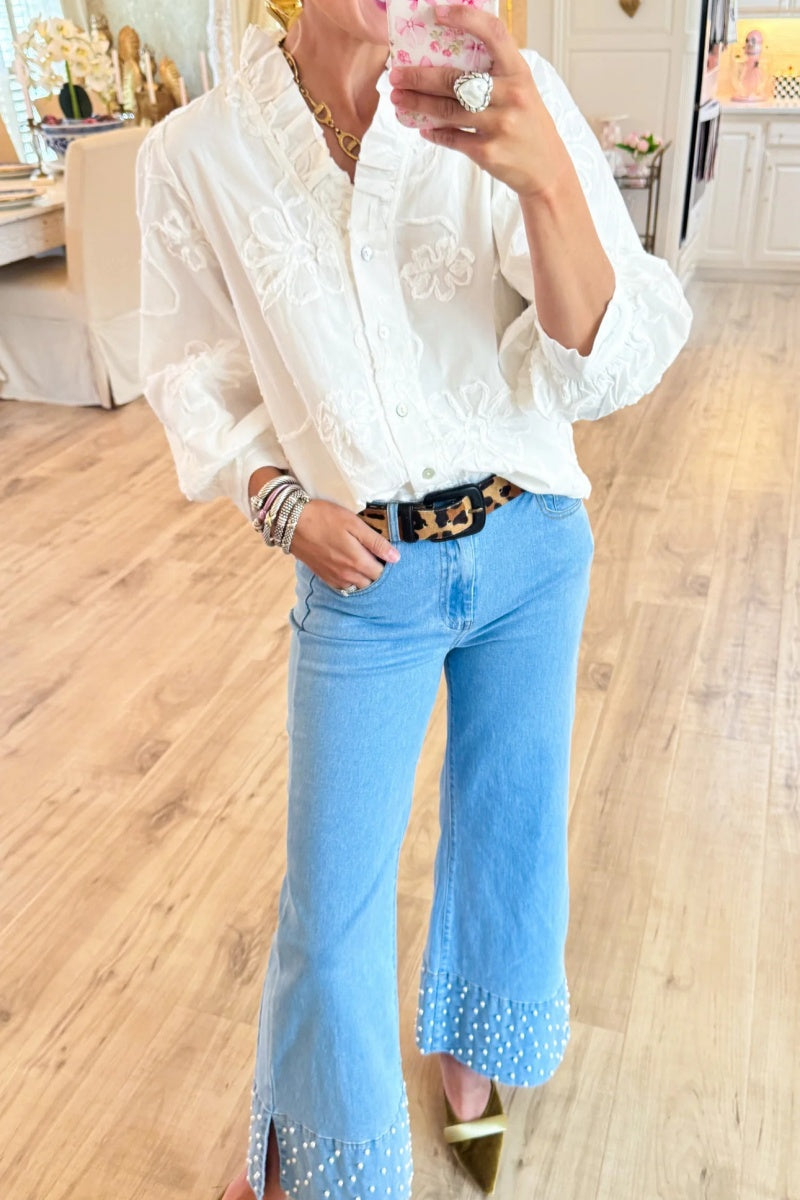 White Button-Down 3D Blouse