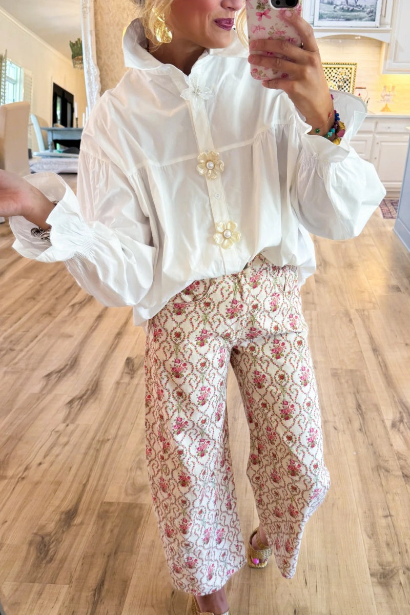 White Pearl Flower Button Down Top+Barrel Pants