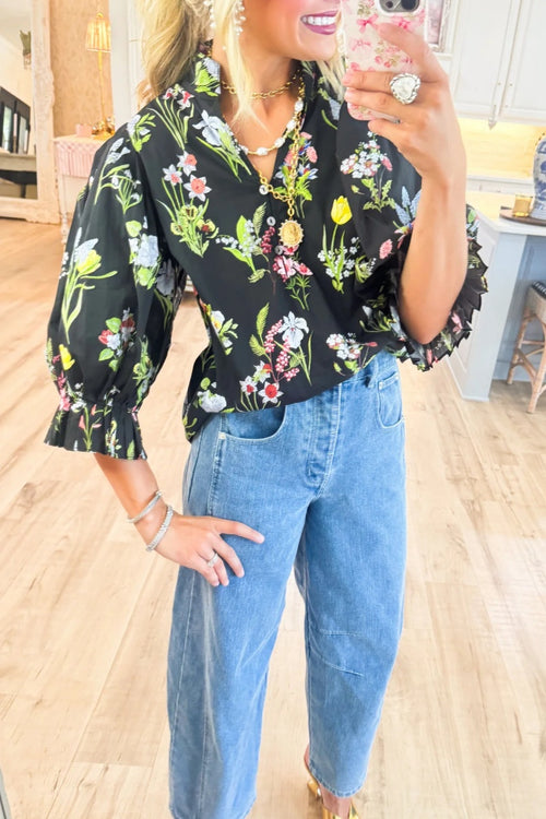 Black Botanical Print Blouse