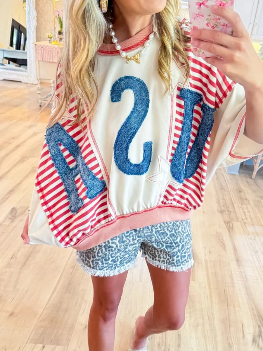 Oatmeal Red & Rose Washed Denim USA Patchwork Top