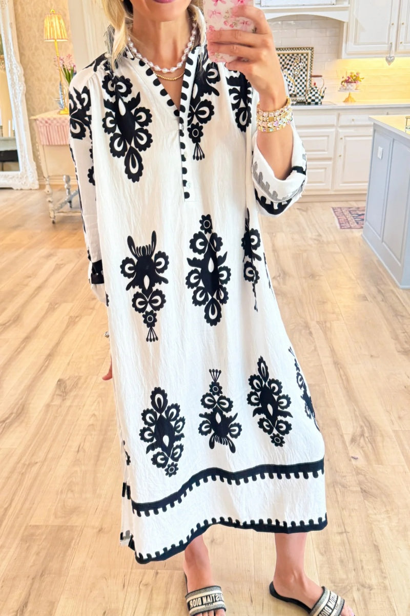 Black and Cream Abstract Print Midi Dress