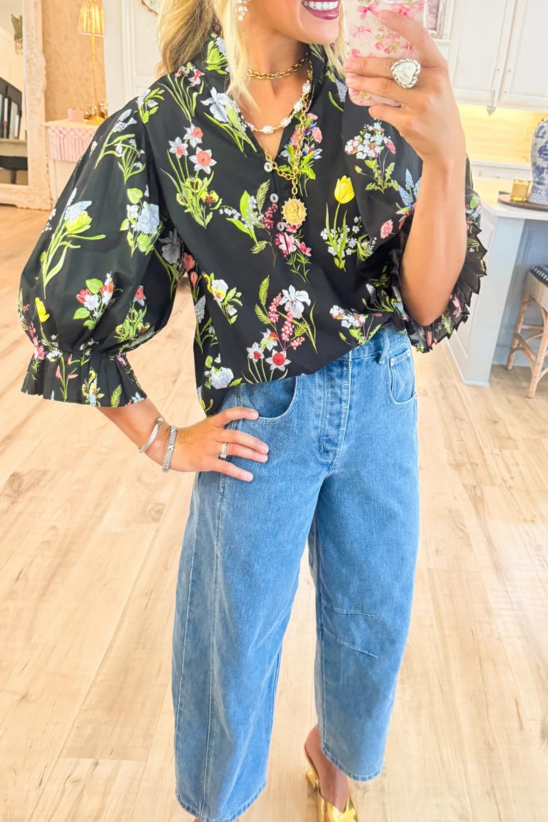 Black Botanical Print Blouse