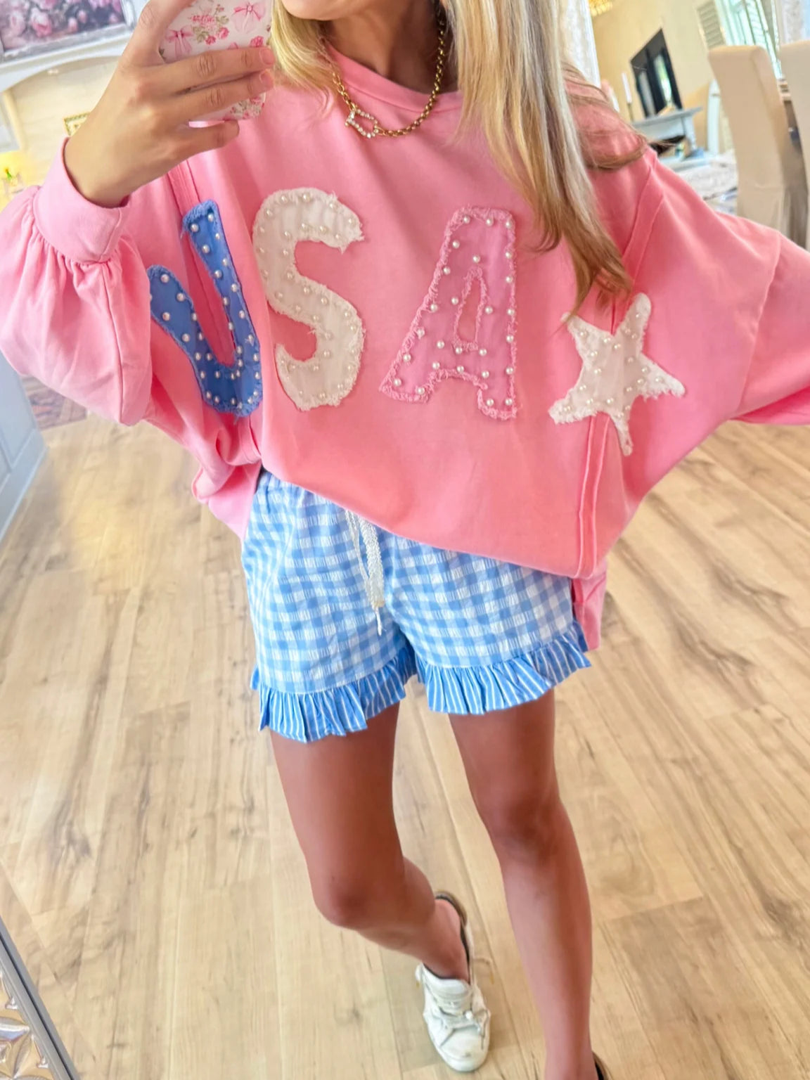Pink USA Patch Pearl Pullover Top