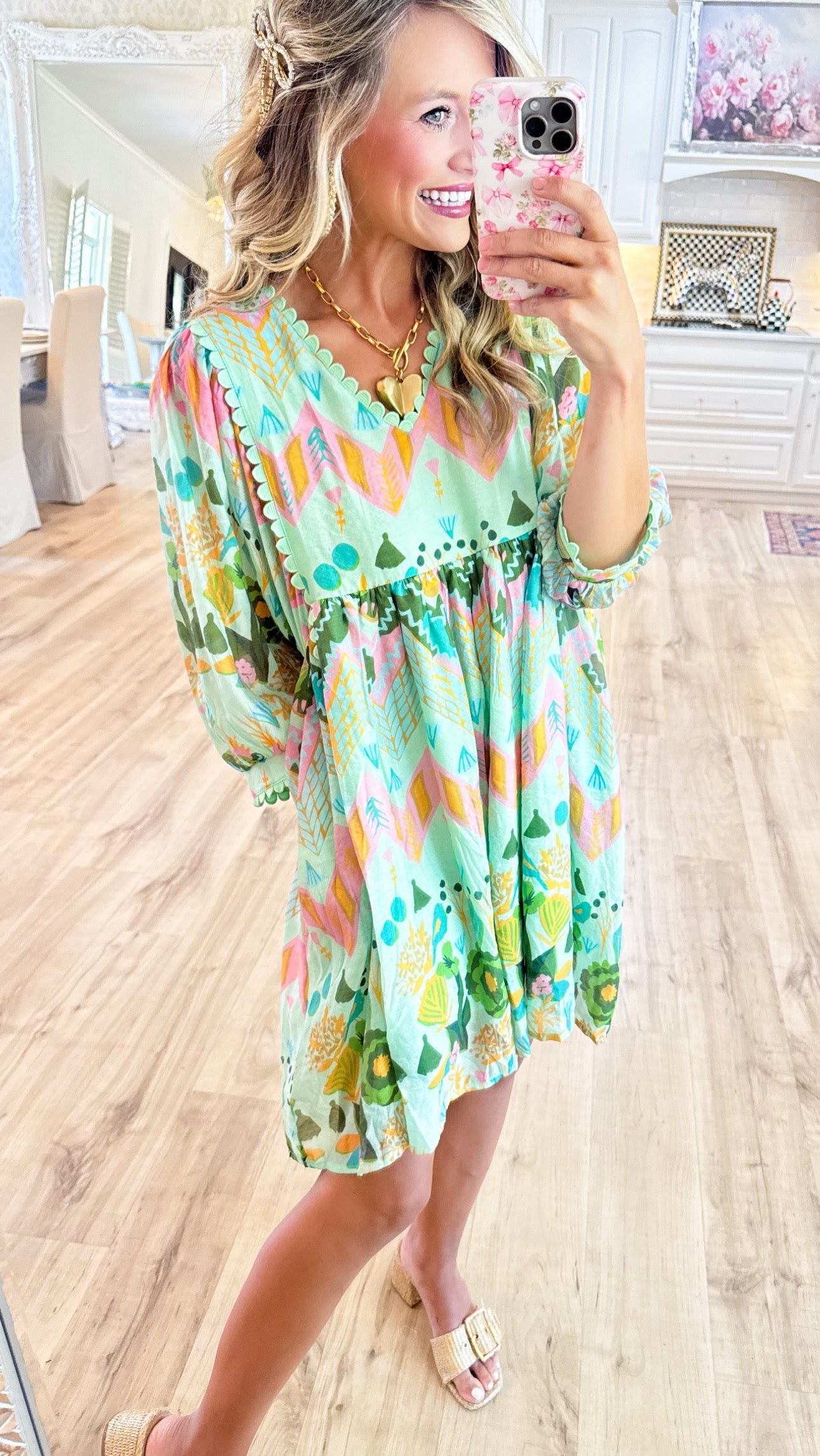 Green Mix Print Scallop Trim Dress