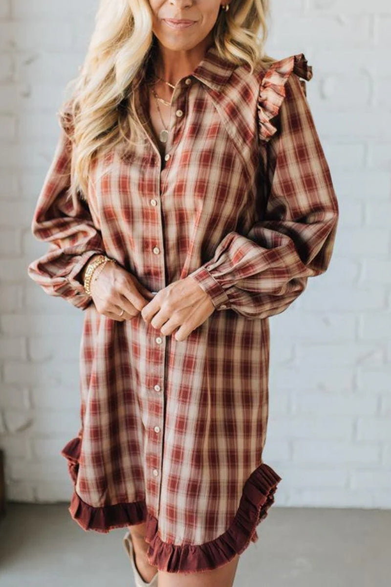 Jonnie Plaid Ruffled Accent Shirt Dress