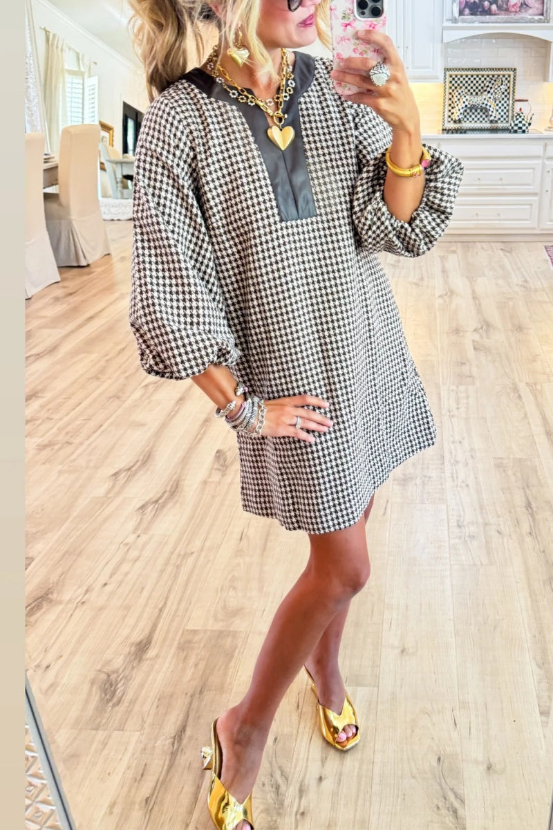 Brown Houndstooth Balloon Sleeve Dress