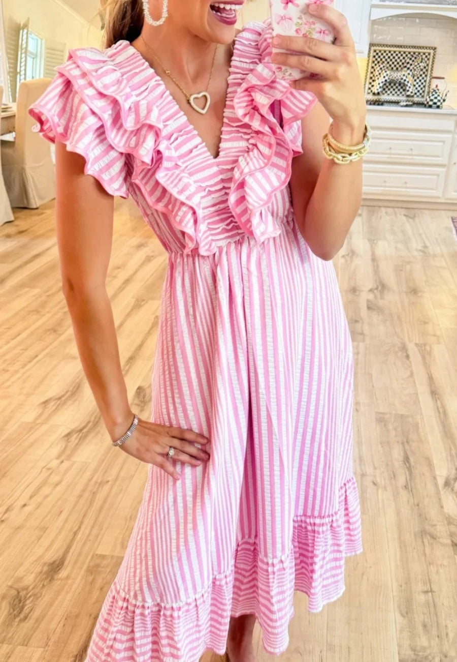 Pink Striped Ruffle Maxi Dress