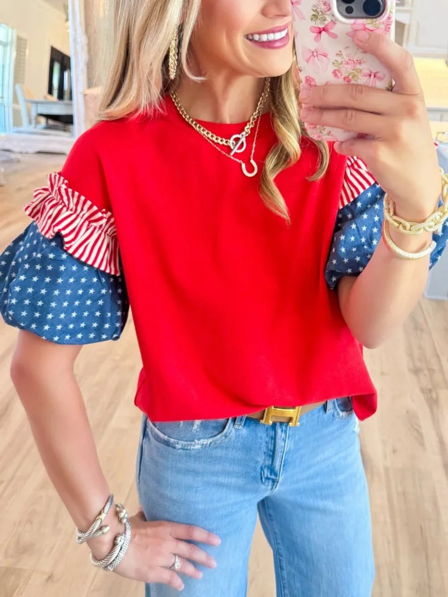 Red Accented Puff Sleeve Top