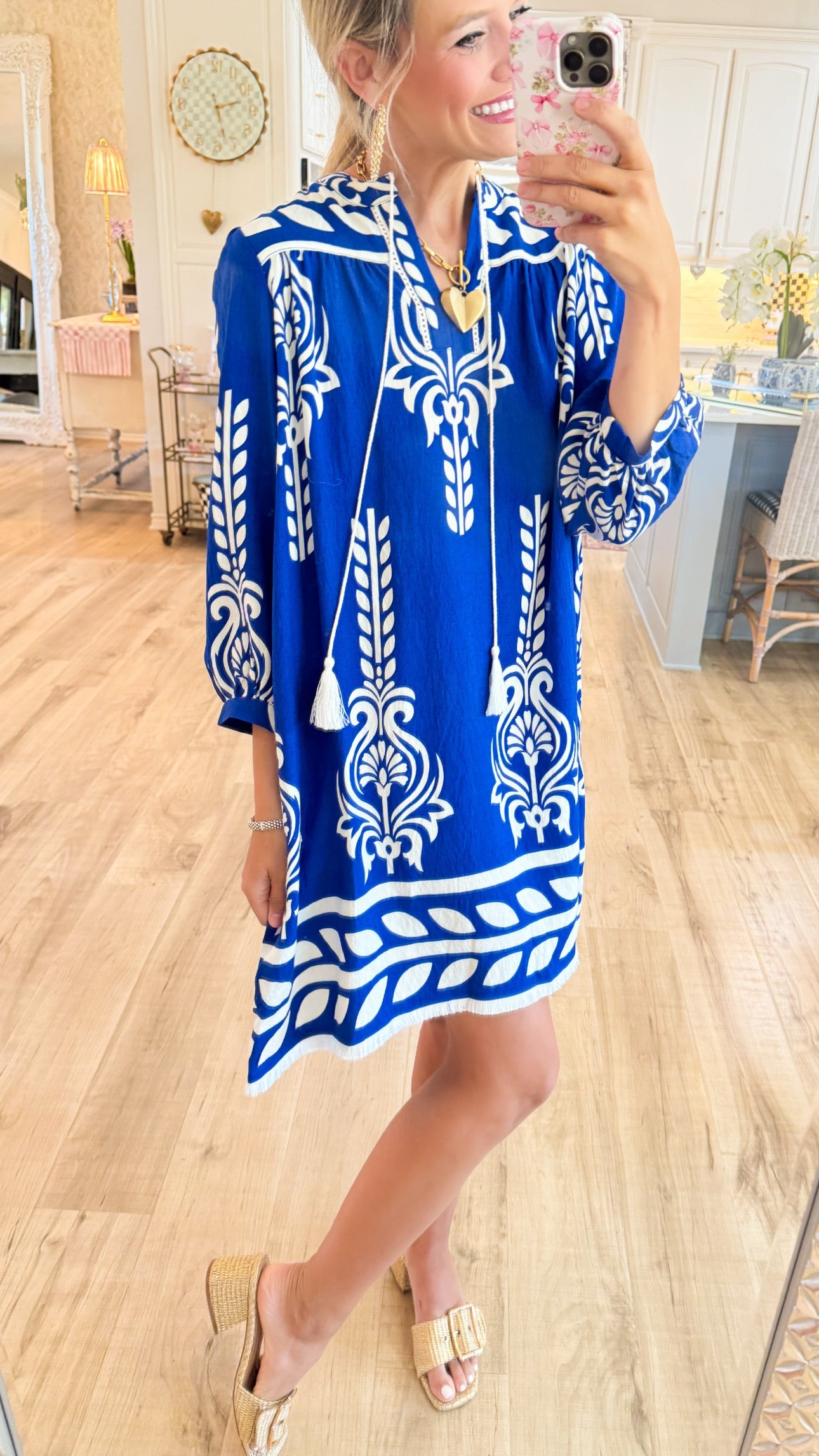 Blue Printed 3/4 Sleeve Dress