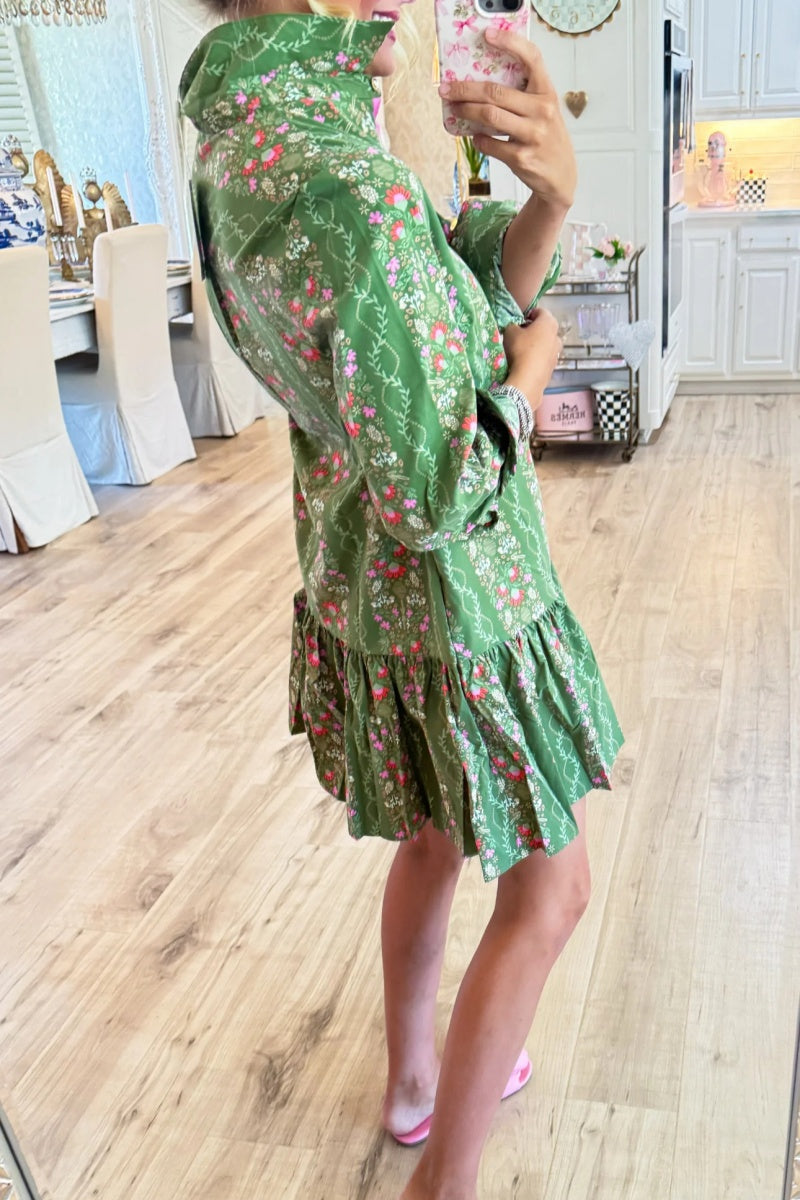 Green Floral Button Up Midi Dress