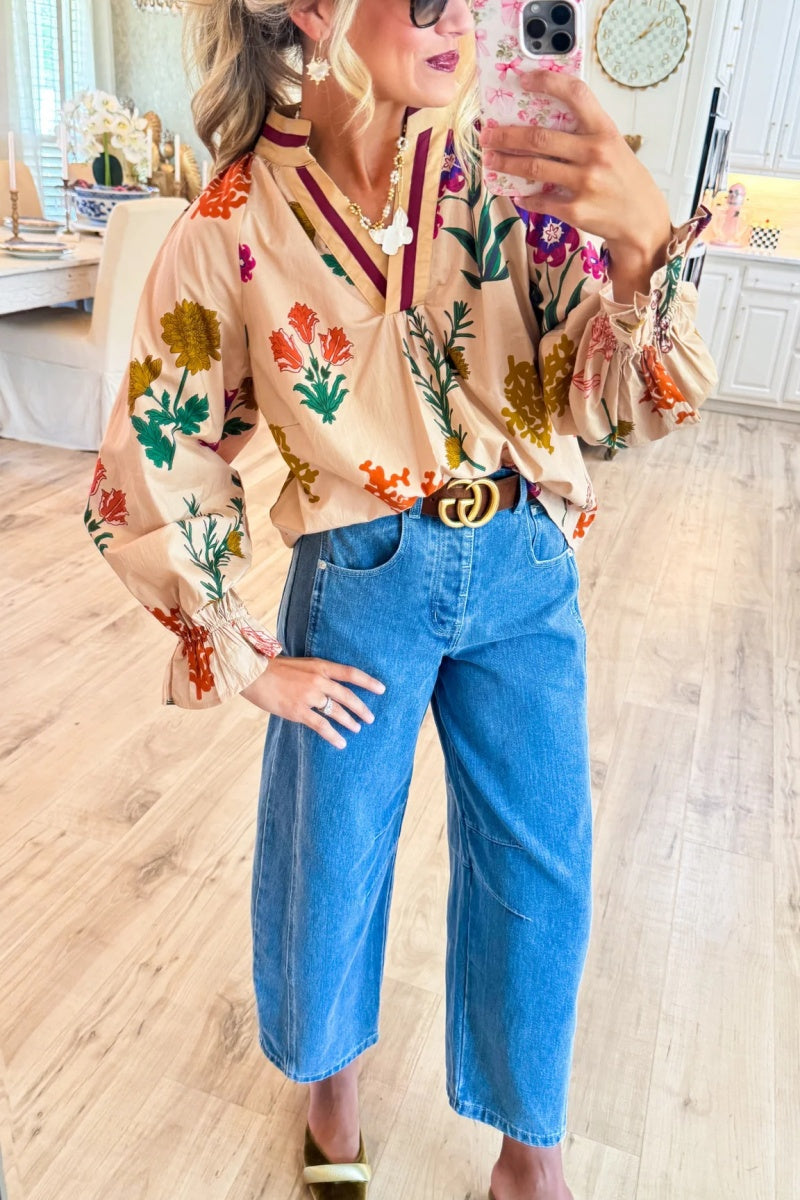 Tan Mix Floral V Neck Top