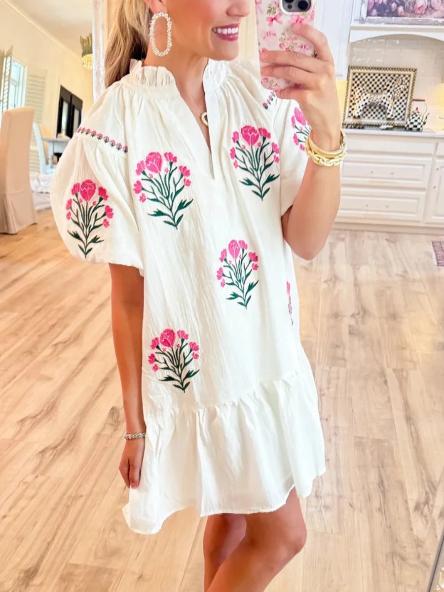 Cream Floral Bubble Sleeve Dress