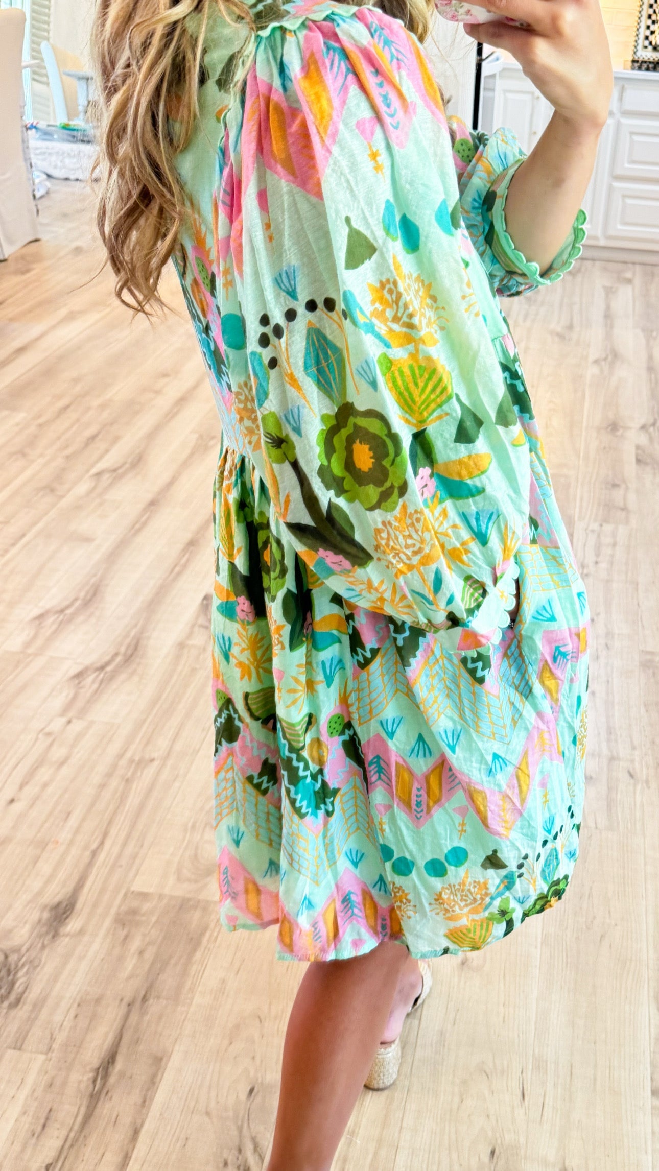 Green Mix Print Scallop Trim Dress