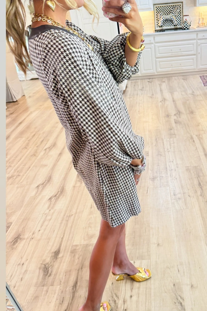 Brown Houndstooth Balloon Sleeve Dress