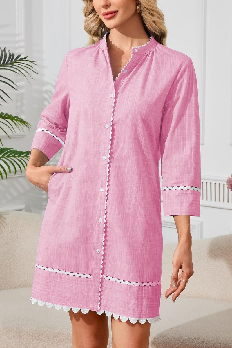 3/4 Sleeve Tie Casual Cotton and Linen Mini Dress