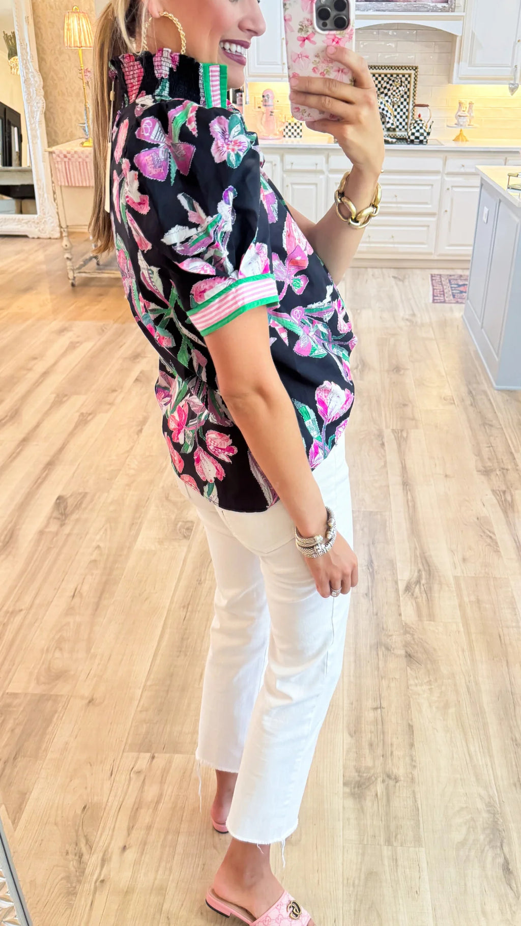 Black Floral Printed Puff Sleeve Top