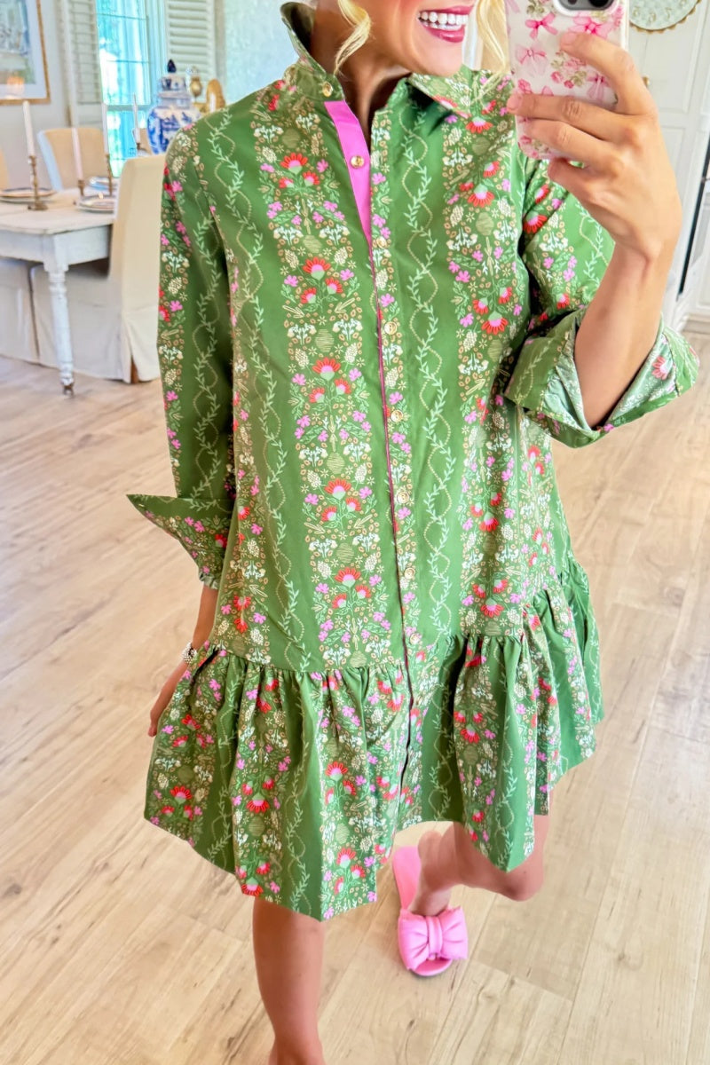 Green Floral Button Up Midi Dress