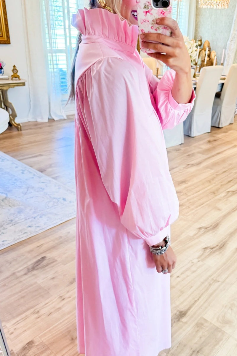 Pink High Ruffle Neck Midi Dress