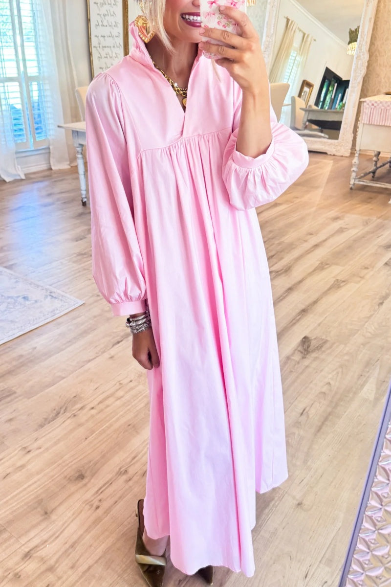 Pink High Ruffle Neck Midi Dress