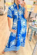 Blue Mixed Print Puff Sleeve Midi Dress
