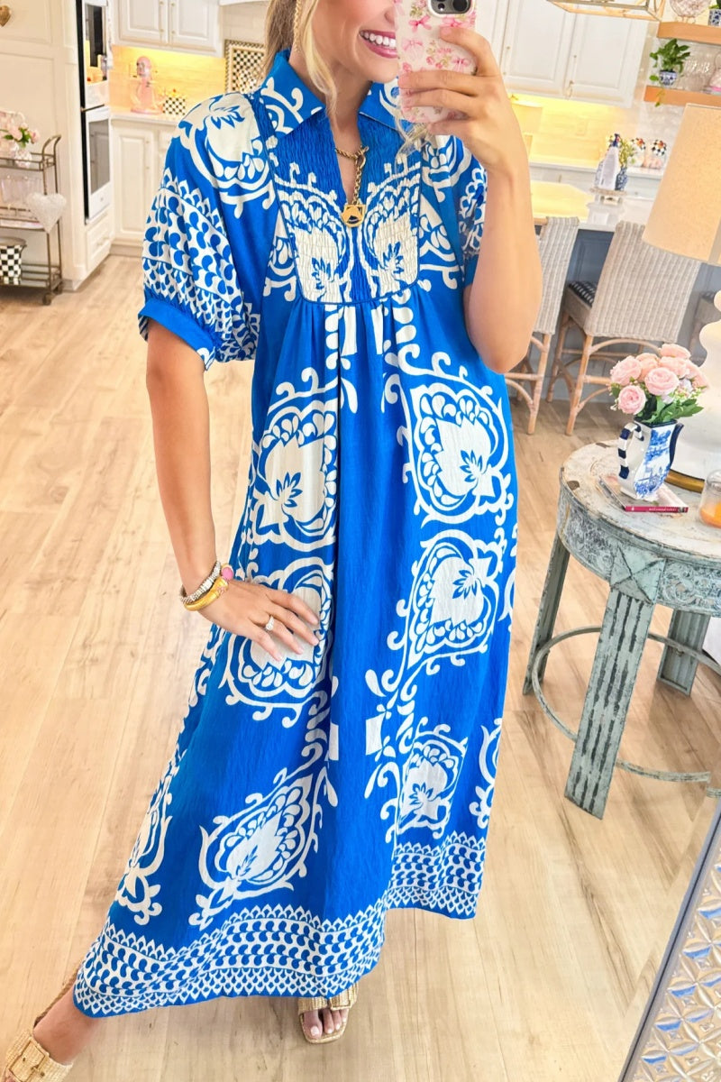 Blue Mixed Print Puff Sleeve Midi Dress