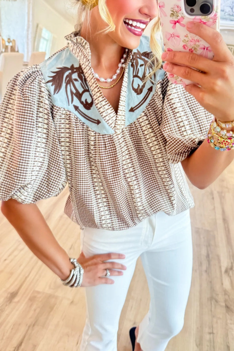 Brown Gingham Horse Embroidered Top