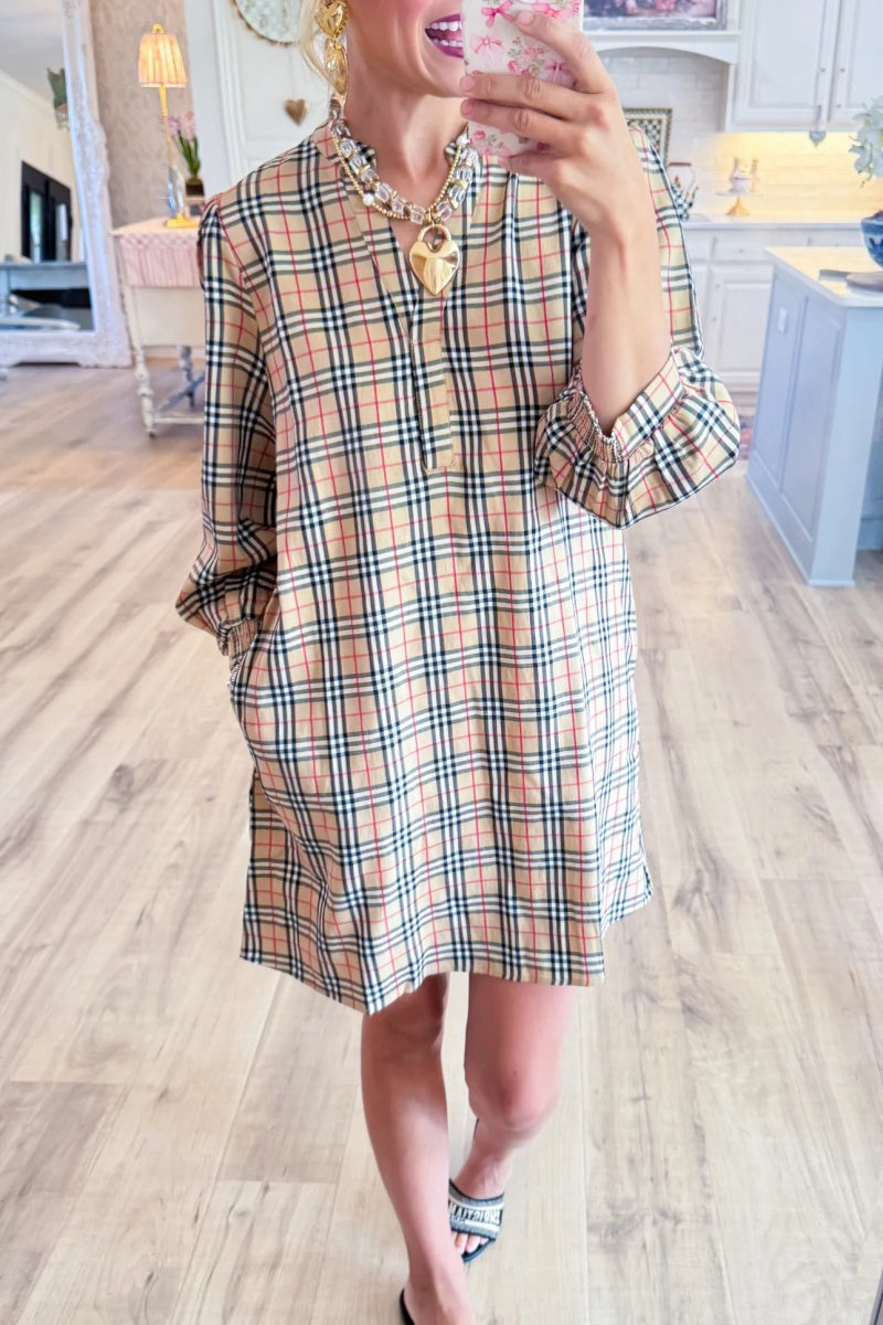 Taupe Mix Print Long Sleeve Mini Dress