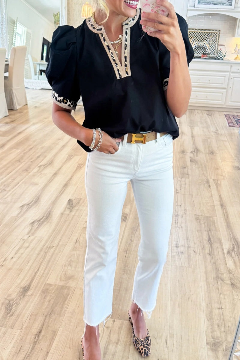Leopard Contrast Puff Sleeve Top