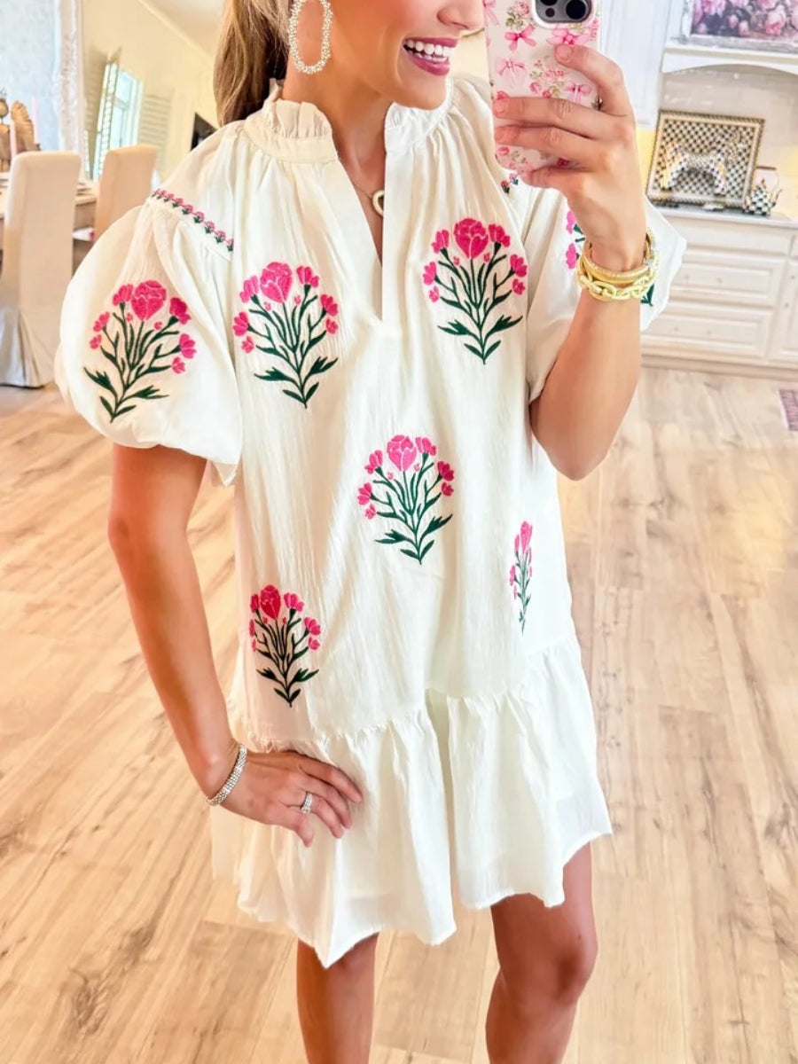 Cream Floral Bubble Sleeve Dress