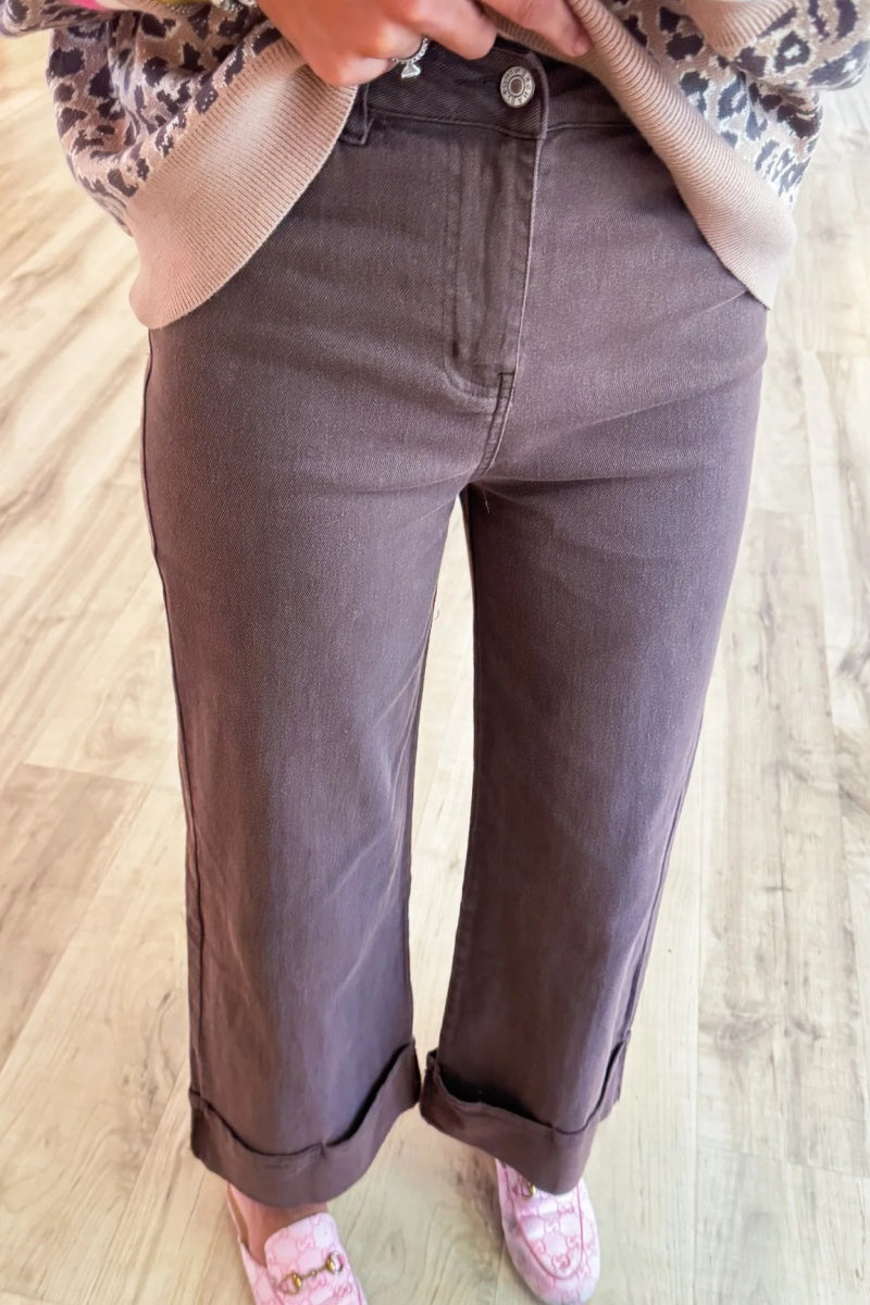 Brown Solid Mid-Rise Ankle Pants