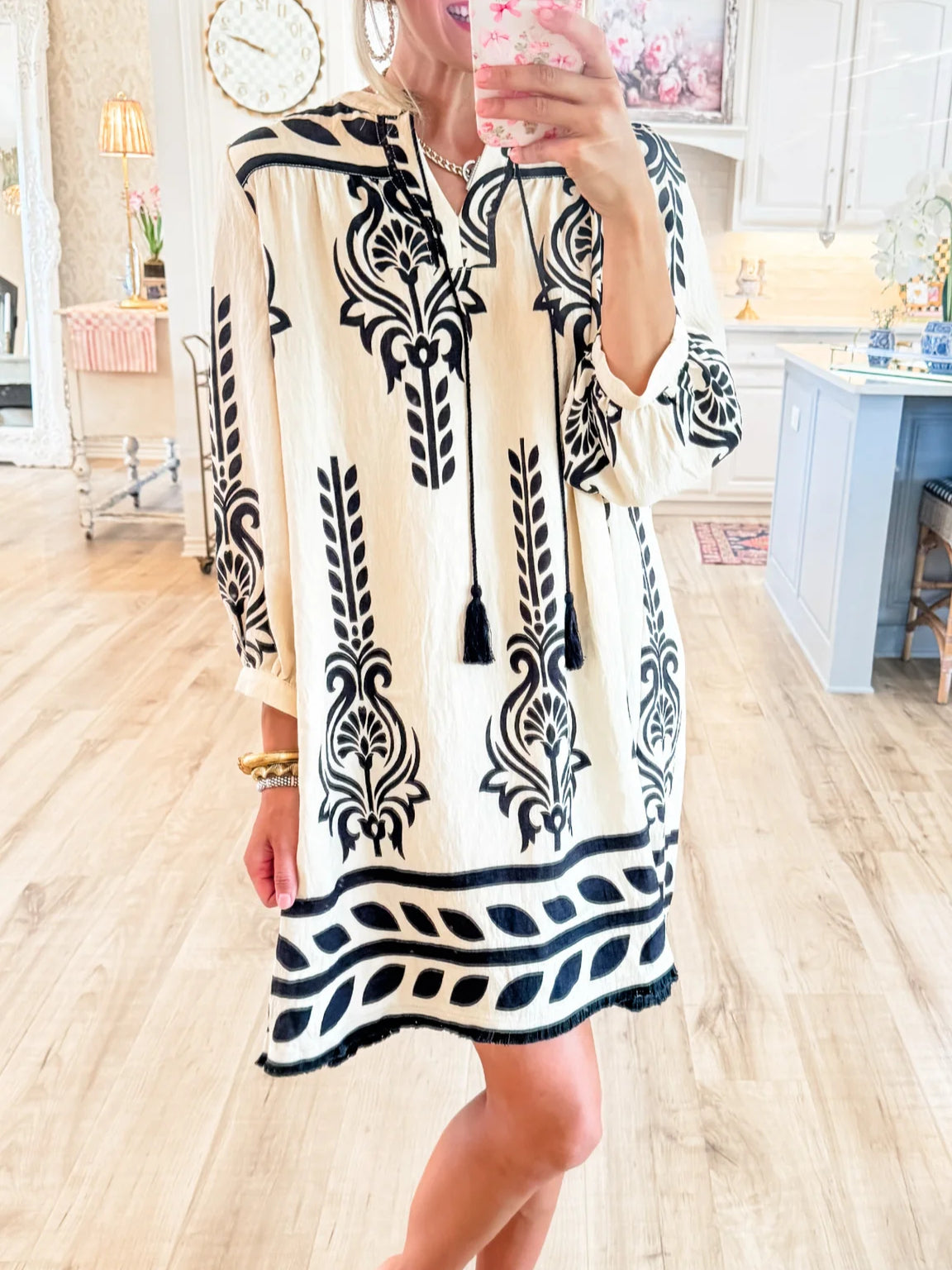 Ivory Printed 3/4 Sleeve Dress