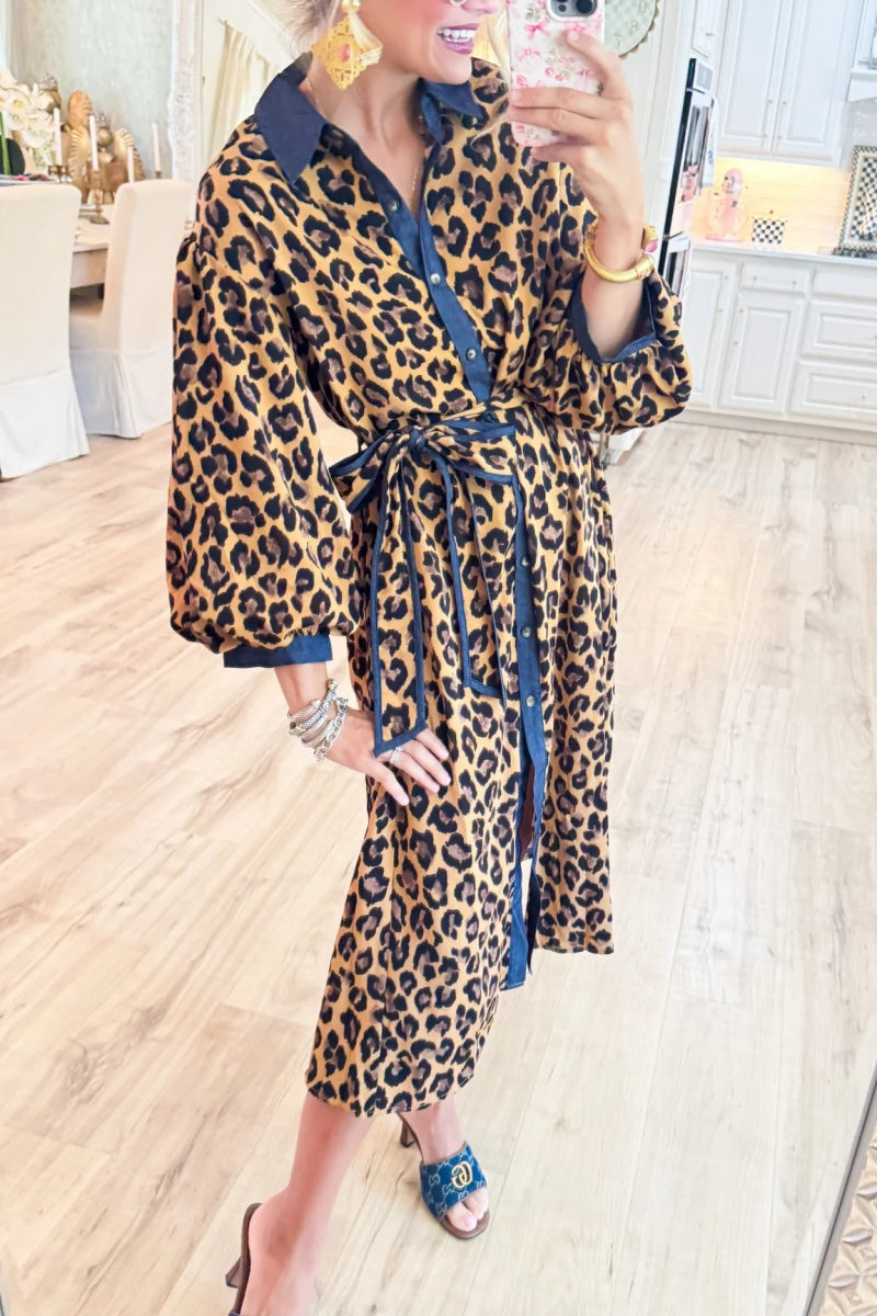 Leopard Contrast Button Down Midi Dress