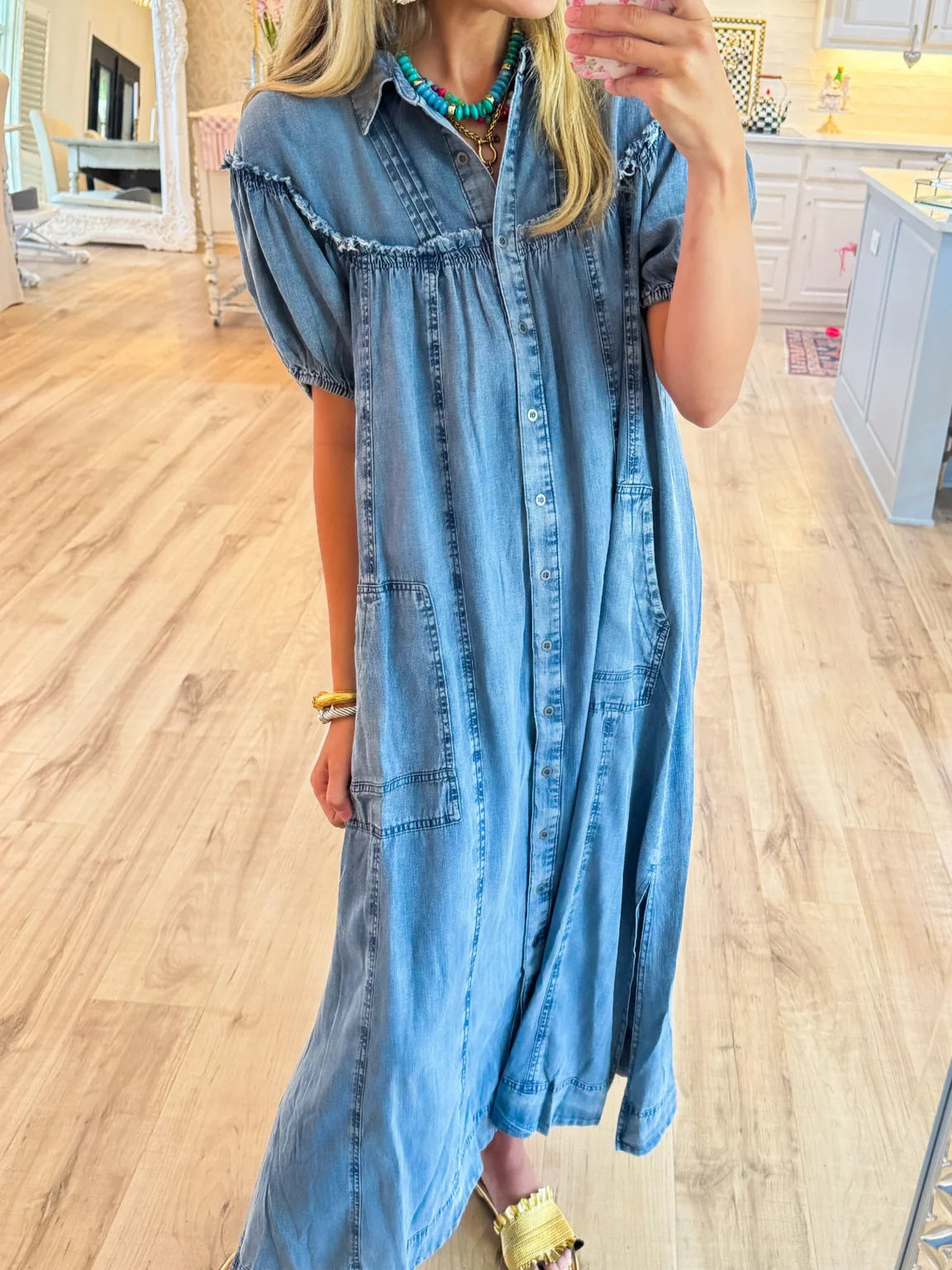 Light Denim Puff Sleeve Button Down Maxi Dress